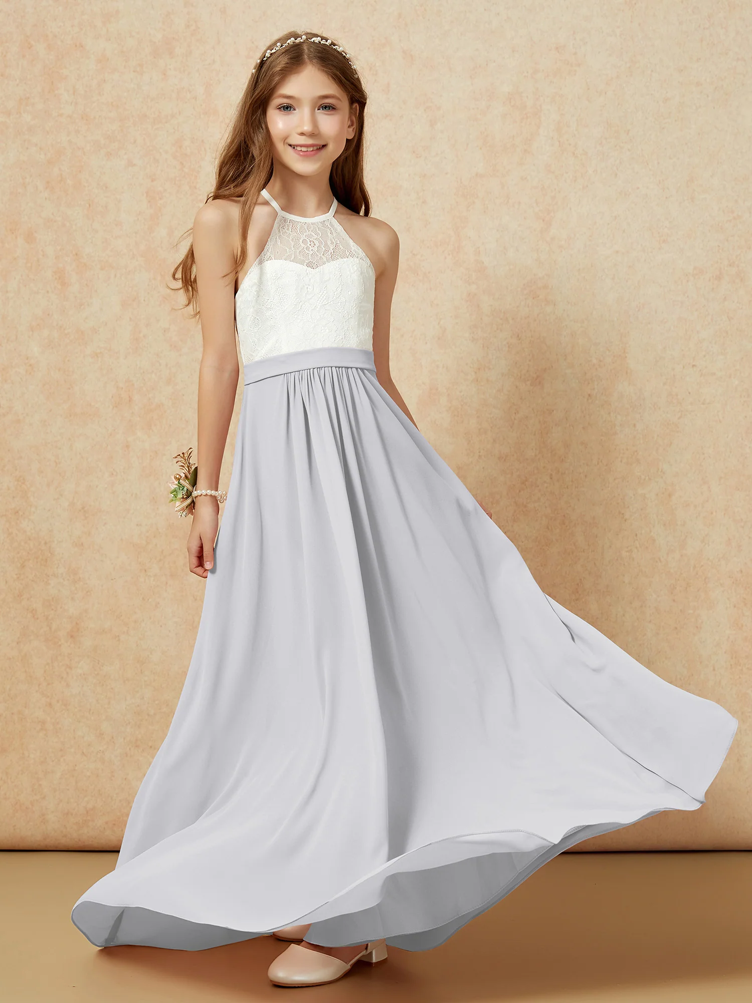 Halter Lace Top Sleeveless Junior Bridesmaid Dress Silver - Image 5