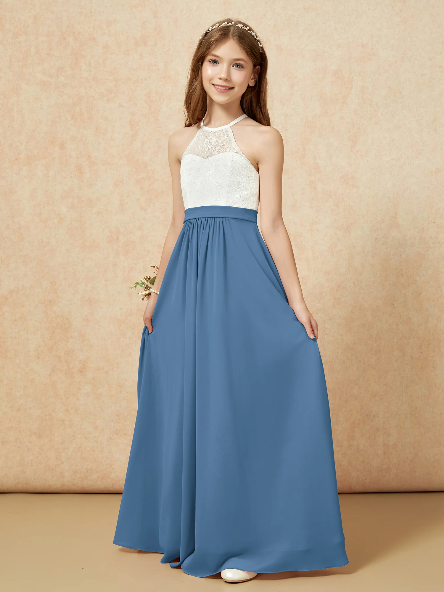 Halter Lace Top Sleeveless Junior Bridesmaid Dress Slate Blue - Image 3
