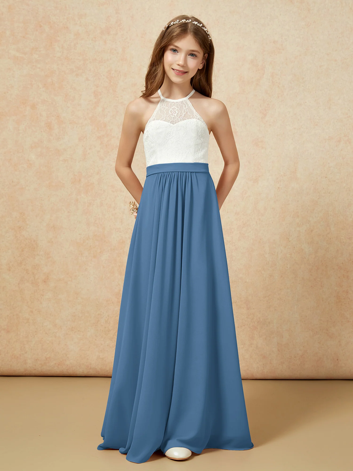 Halter Lace Top Sleeveless Junior Bridesmaid Dress Slate Blue - Image 4
