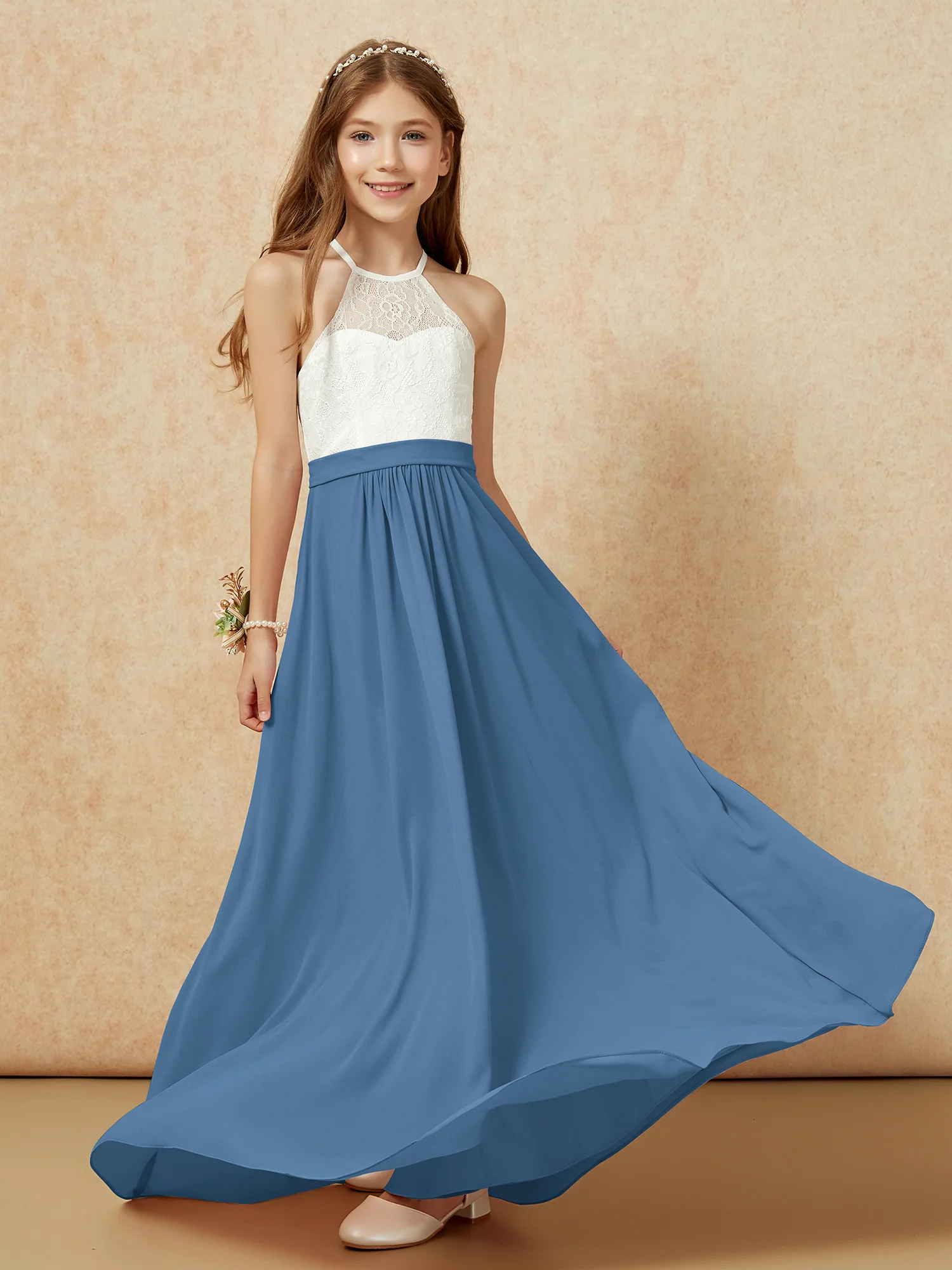 Halter Lace Top Sleeveless Junior Bridesmaid Dress Slate Blue - Image 5