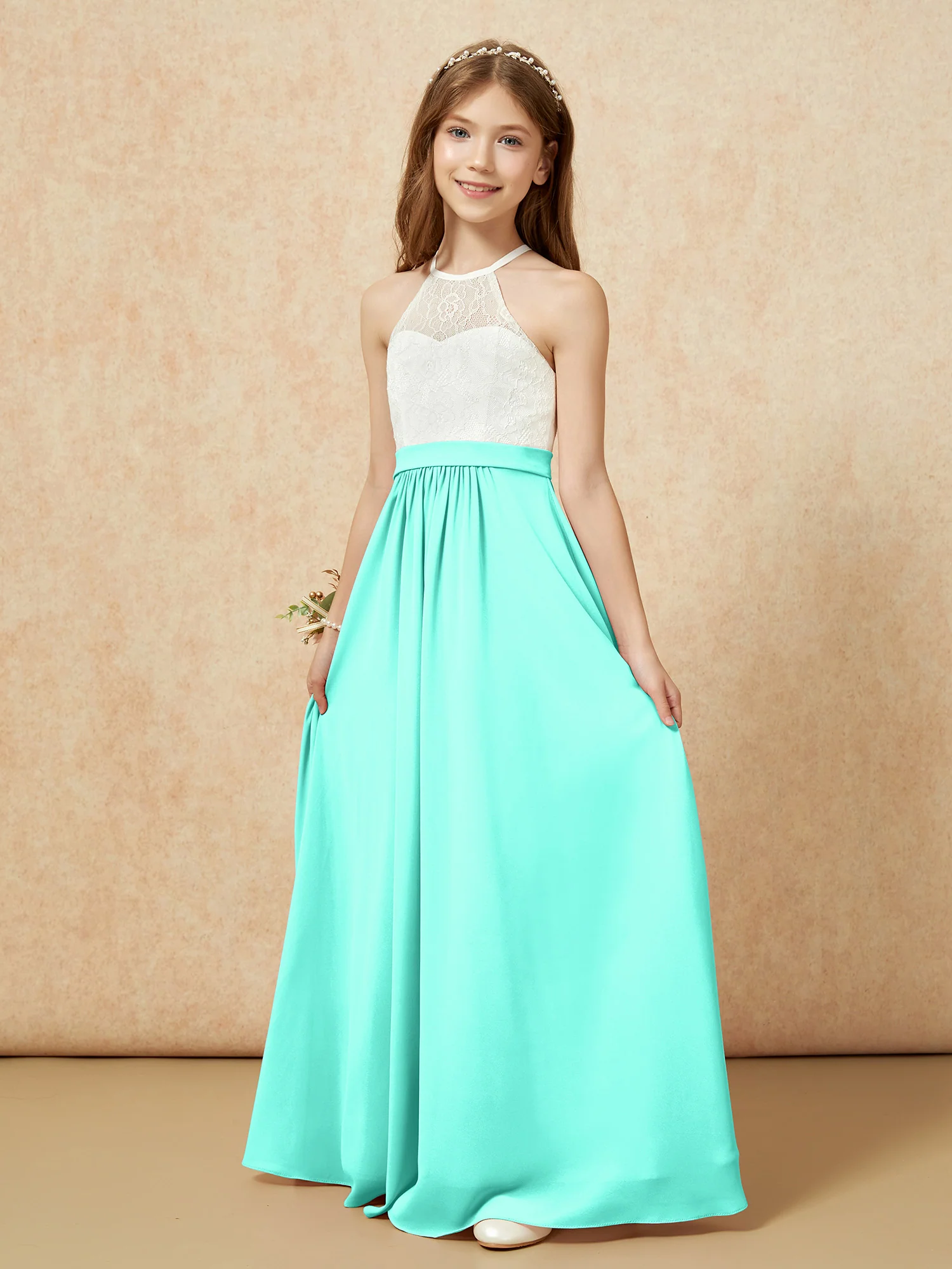 Halter Lace Top Sleeveless Junior Bridesmaid Dress Spa - Image 3
