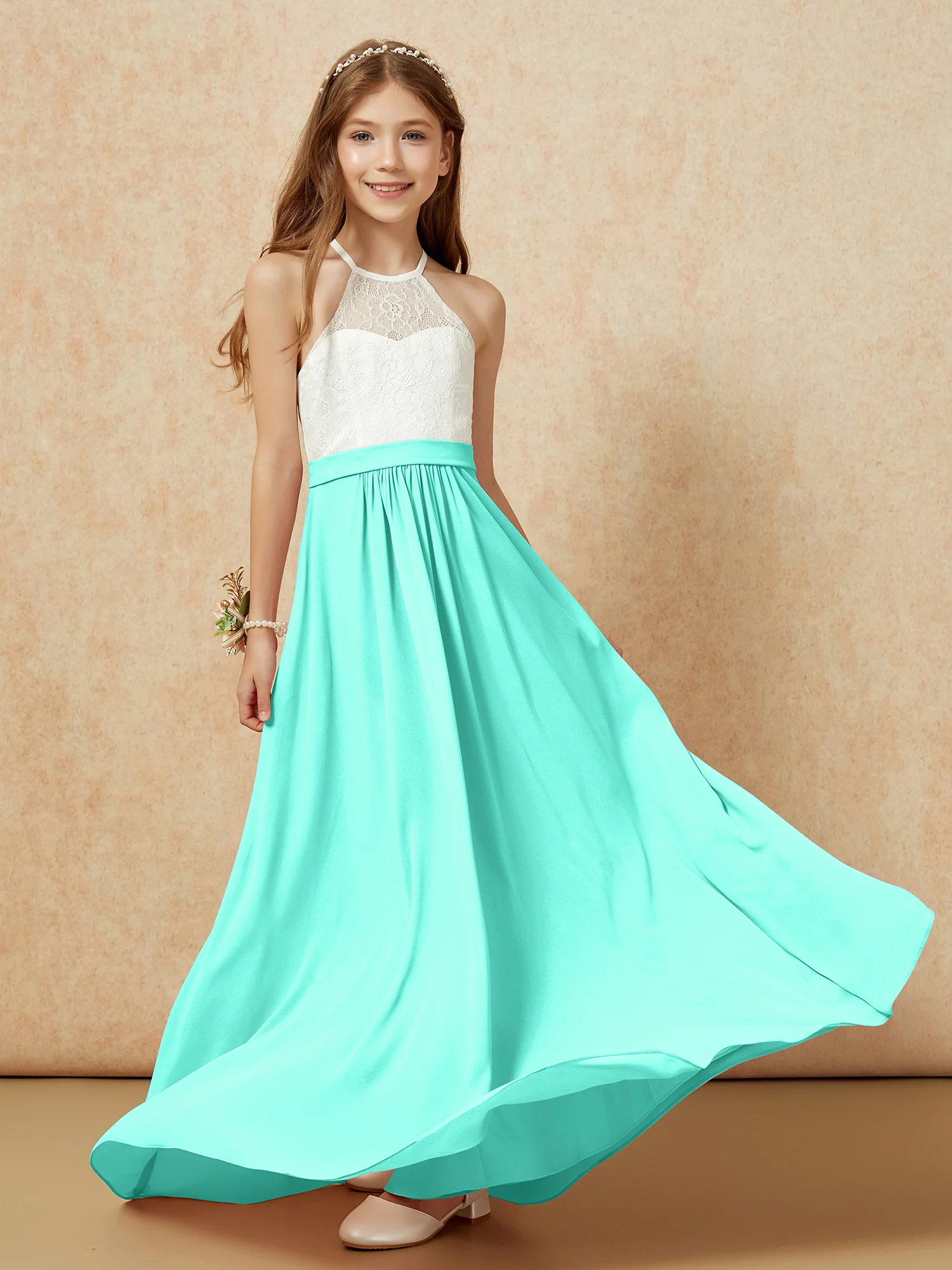 Halter Lace Top Sleeveless Junior Bridesmaid Dress Spa - Image 5