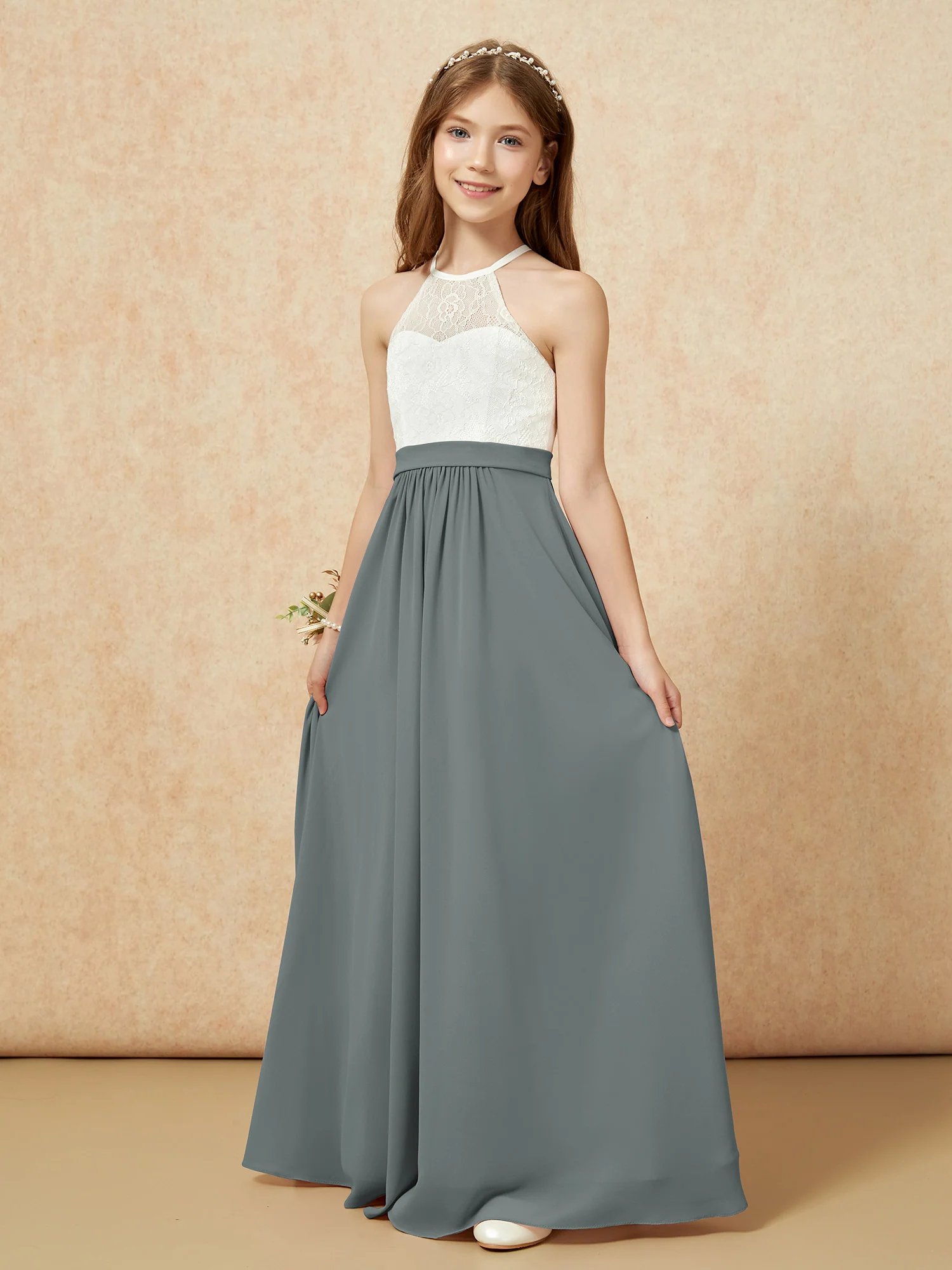 Halter Lace Top Sleeveless Junior Bridesmaid Dress Steel Grey - Image 3