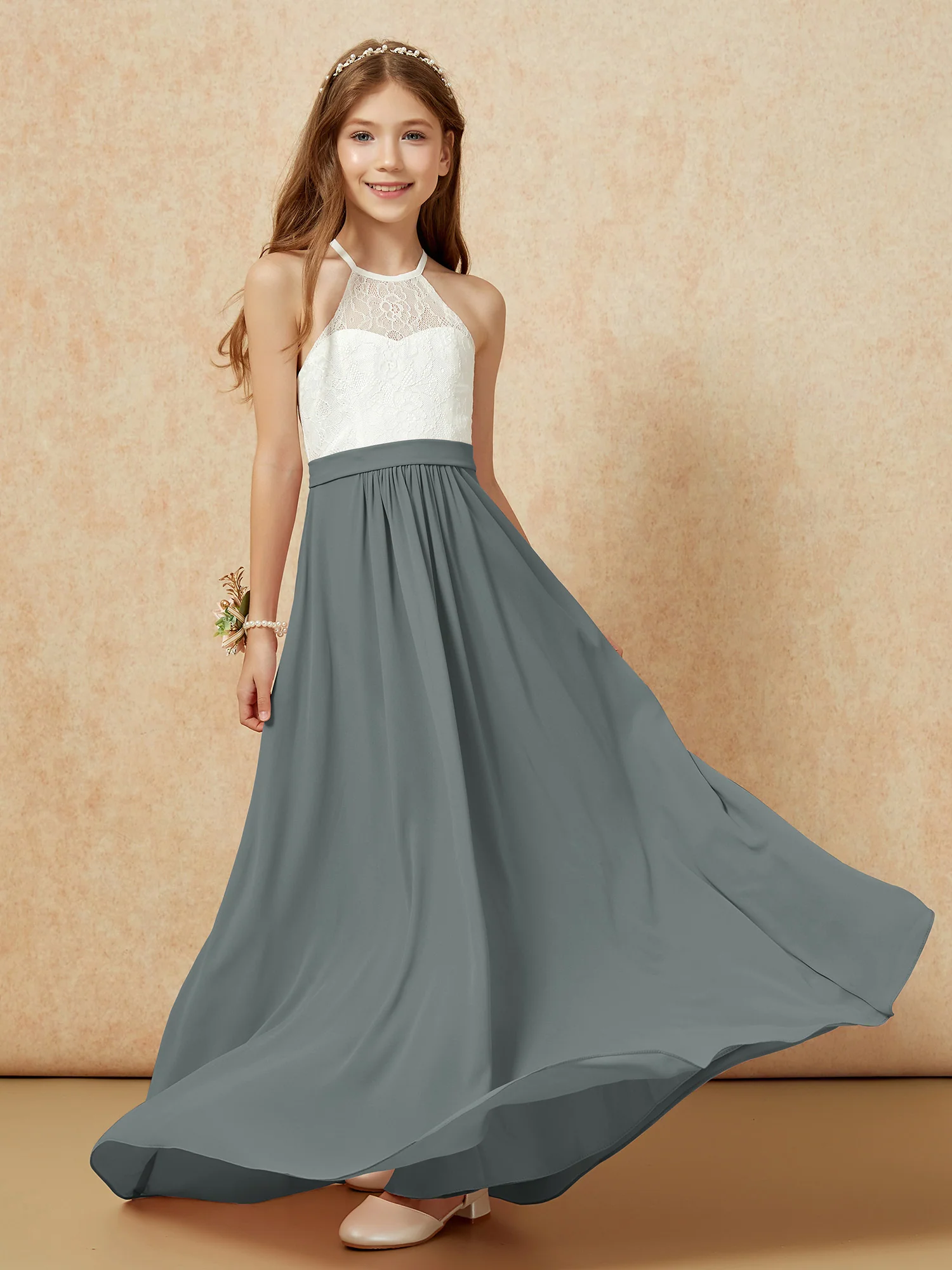 Halter Lace Top Sleeveless Junior Bridesmaid Dress Steel Grey - Image 5