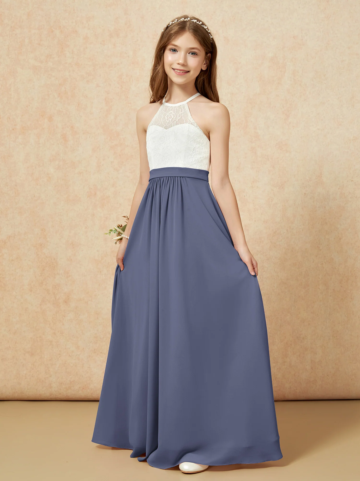 Halter Lace Top Sleeveless Junior Bridesmaid Dress Stormy - Image 3
