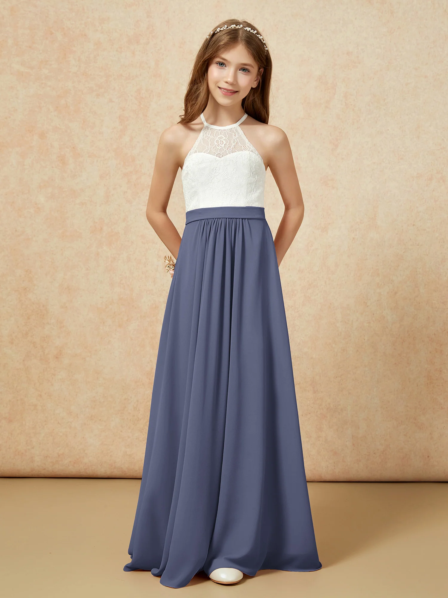 Halter Lace Top Sleeveless Junior Bridesmaid Dress Stormy - Image 4