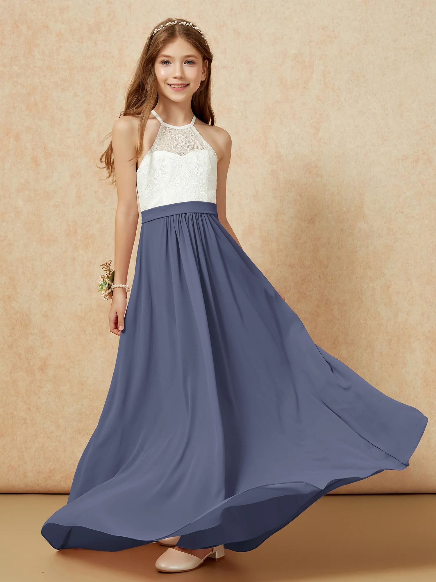 Halter Lace Top Sleeveless Junior Bridesmaid Dress Stormy - Image 5