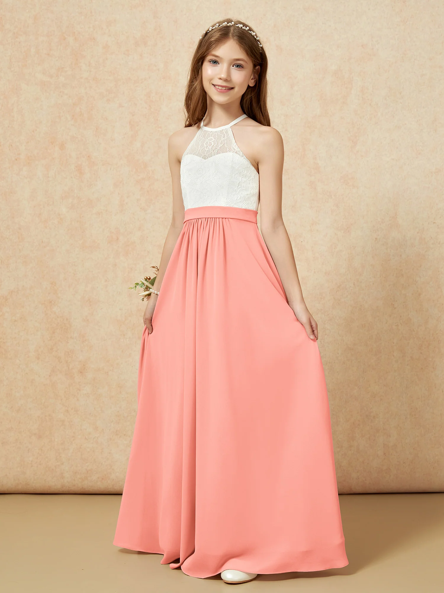 Halter Lace Top Sleeveless Junior Bridesmaid Dress Sunset - Image 3
