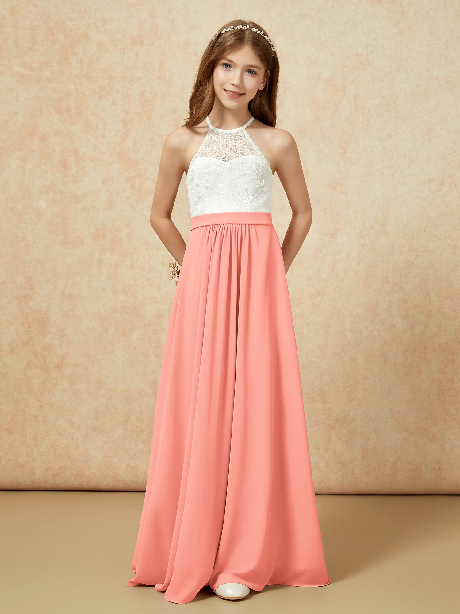 Halter Lace Top Sleeveless Junior Bridesmaid Dress Sunset - Image 4