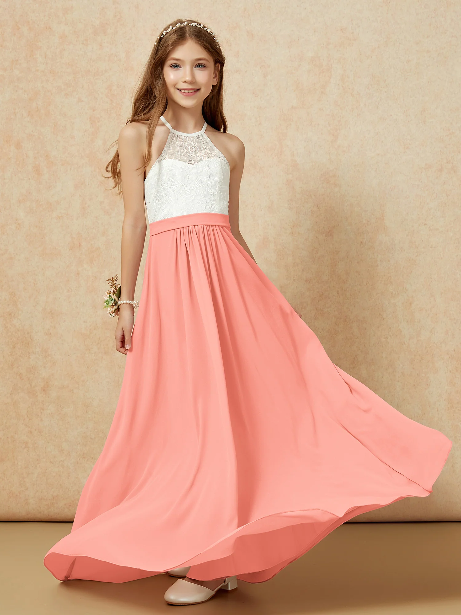 Halter Lace Top Sleeveless Junior Bridesmaid Dress Sunset - Image 5