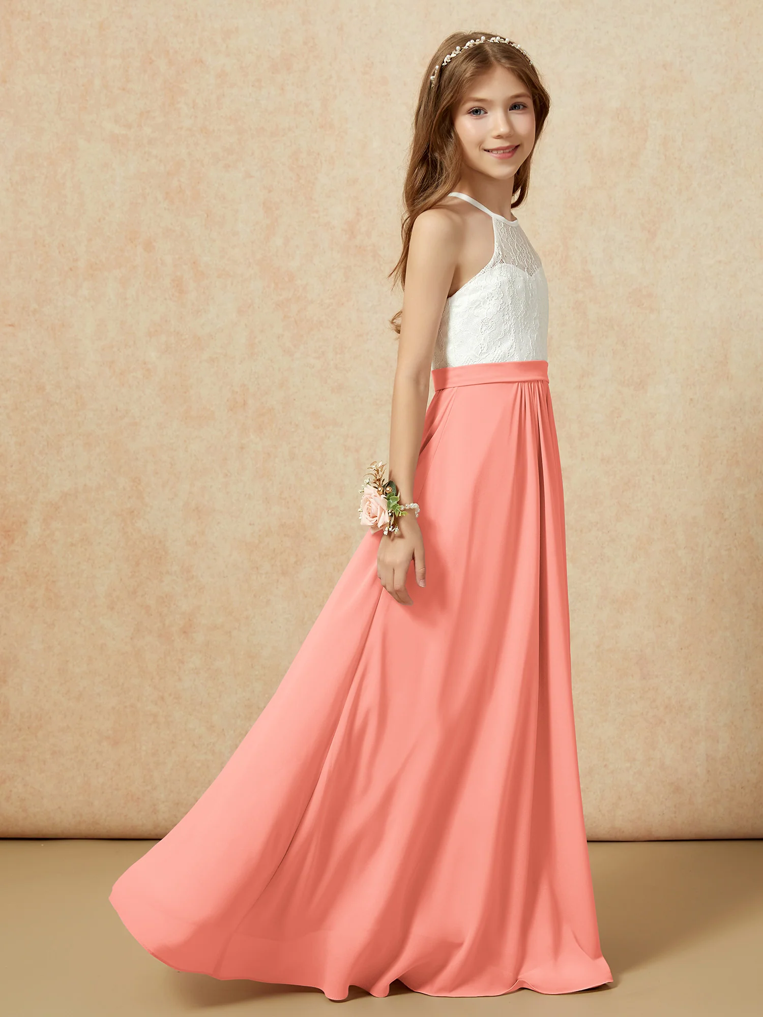 Halter Lace Top Sleeveless Junior Bridesmaid Dress Sunset - Image 6