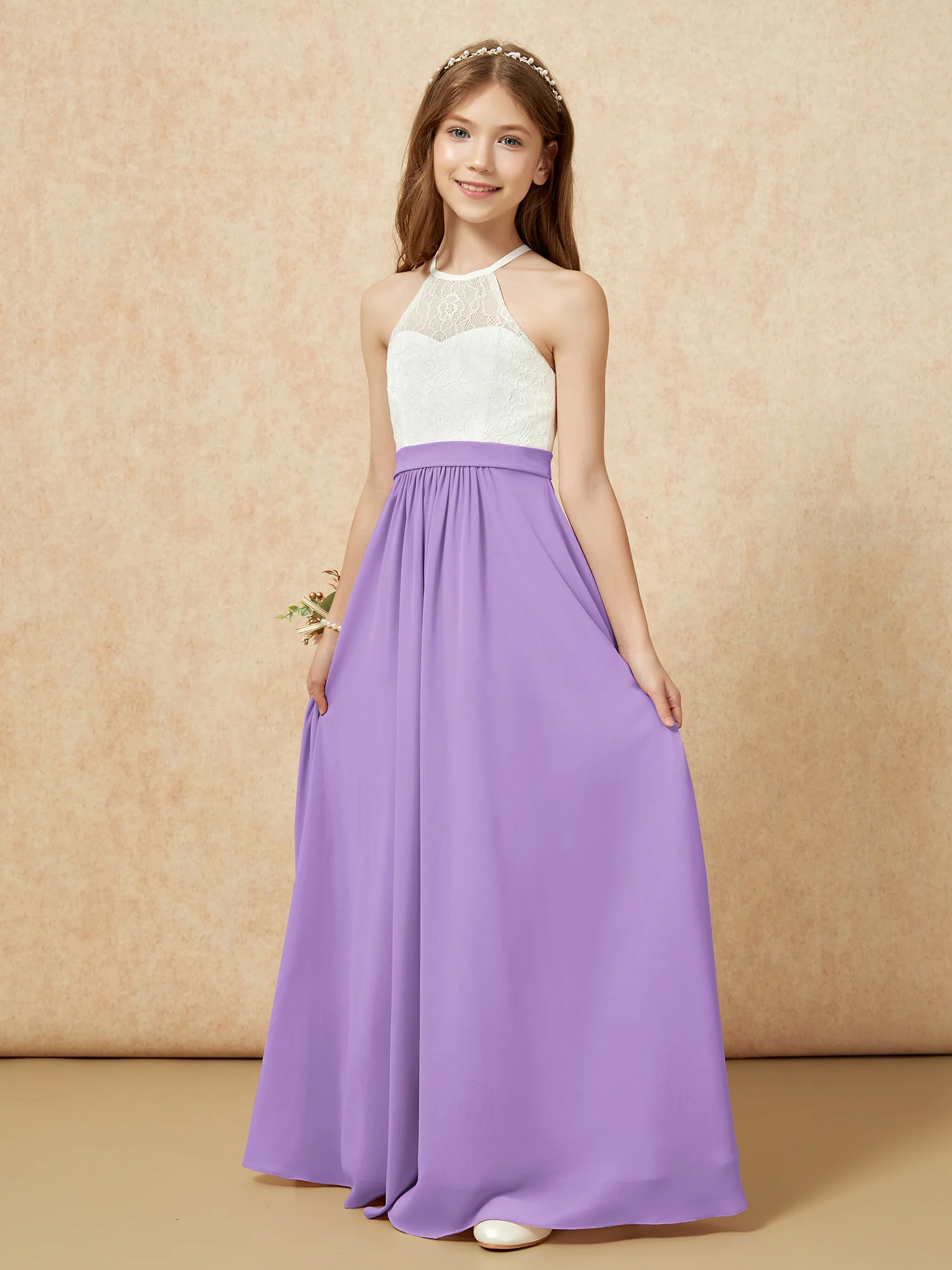 Halter Lace Top Sleeveless Junior Bridesmaid Dress Tahiti - Image 3