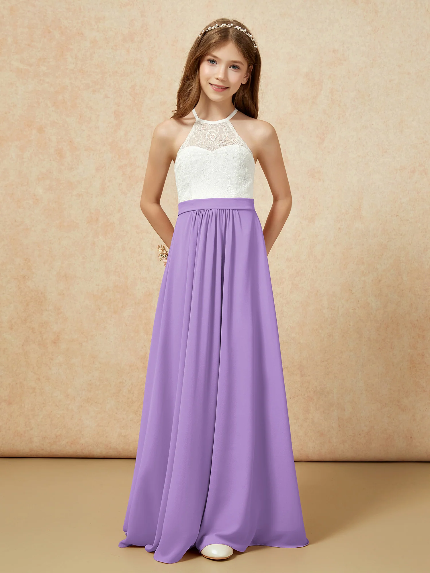 Halter Lace Top Sleeveless Junior Bridesmaid Dress Tahiti - Image 4