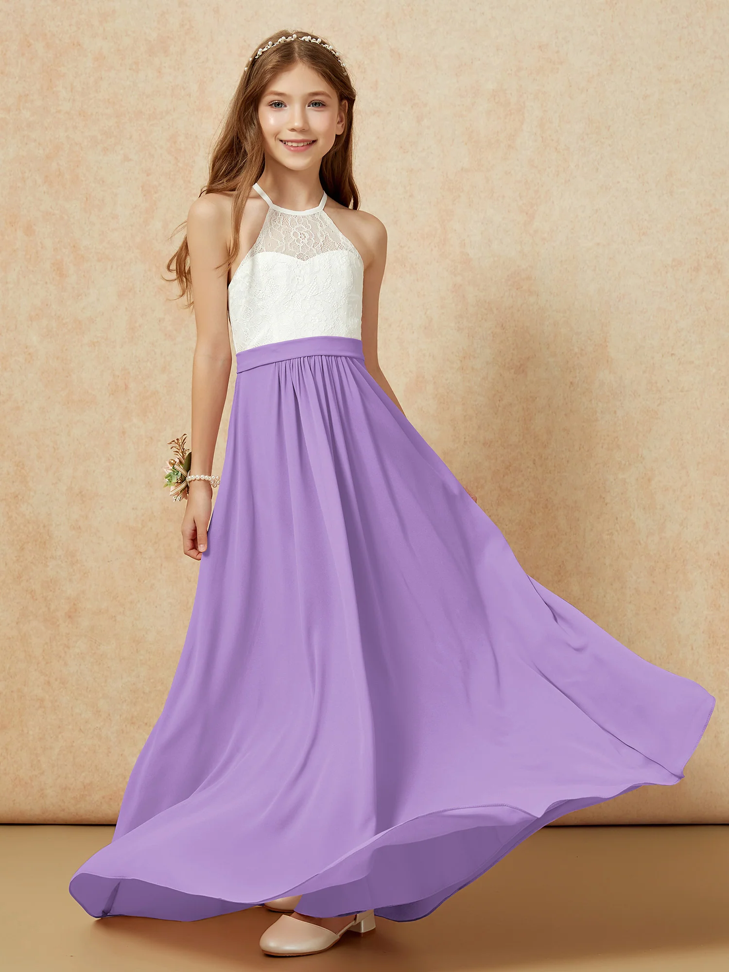 Halter Lace Top Sleeveless Junior Bridesmaid Dress Tahiti - Image 5