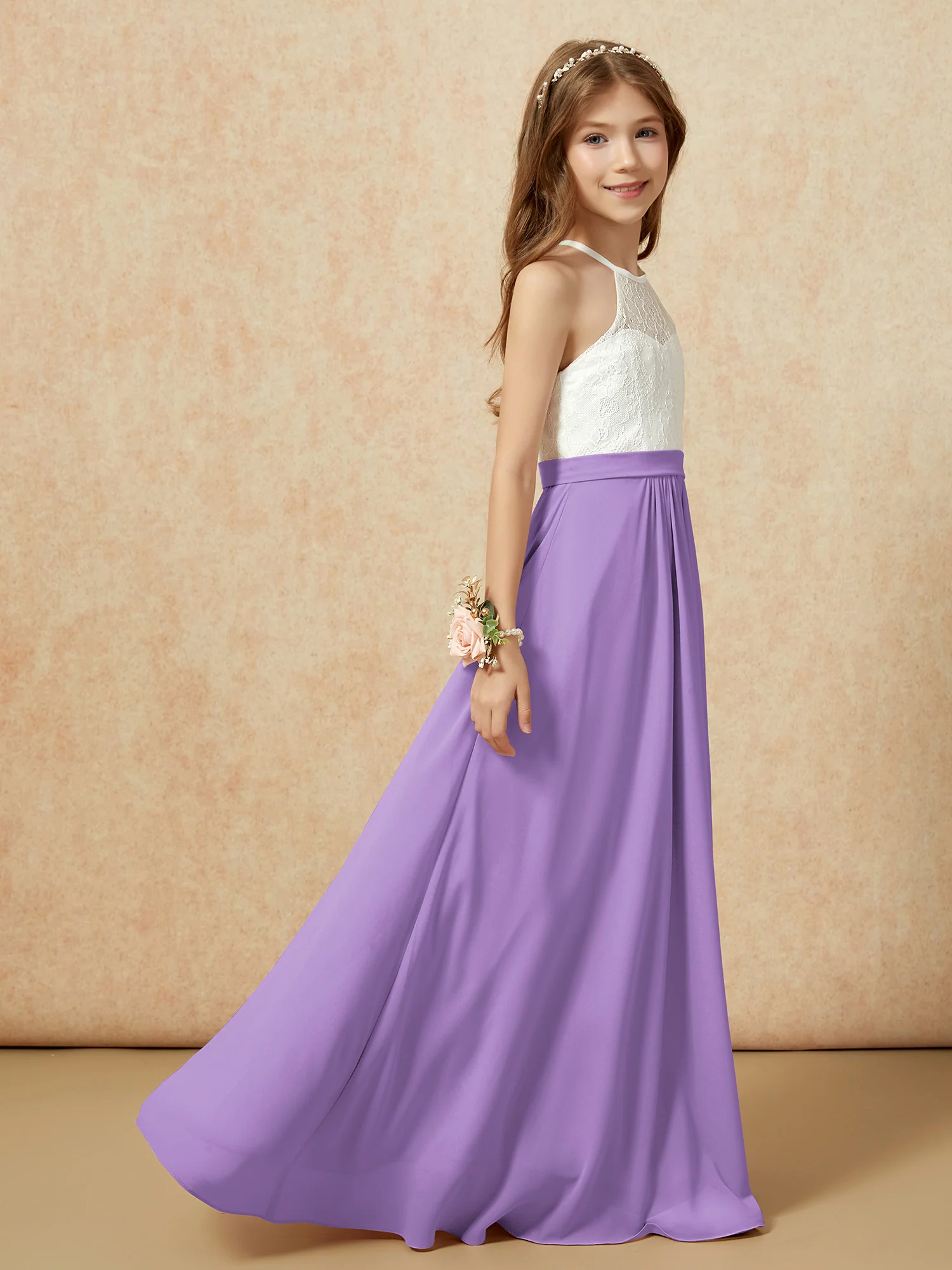 Halter Lace Top Sleeveless Junior Bridesmaid Dress Tahiti - Image 6