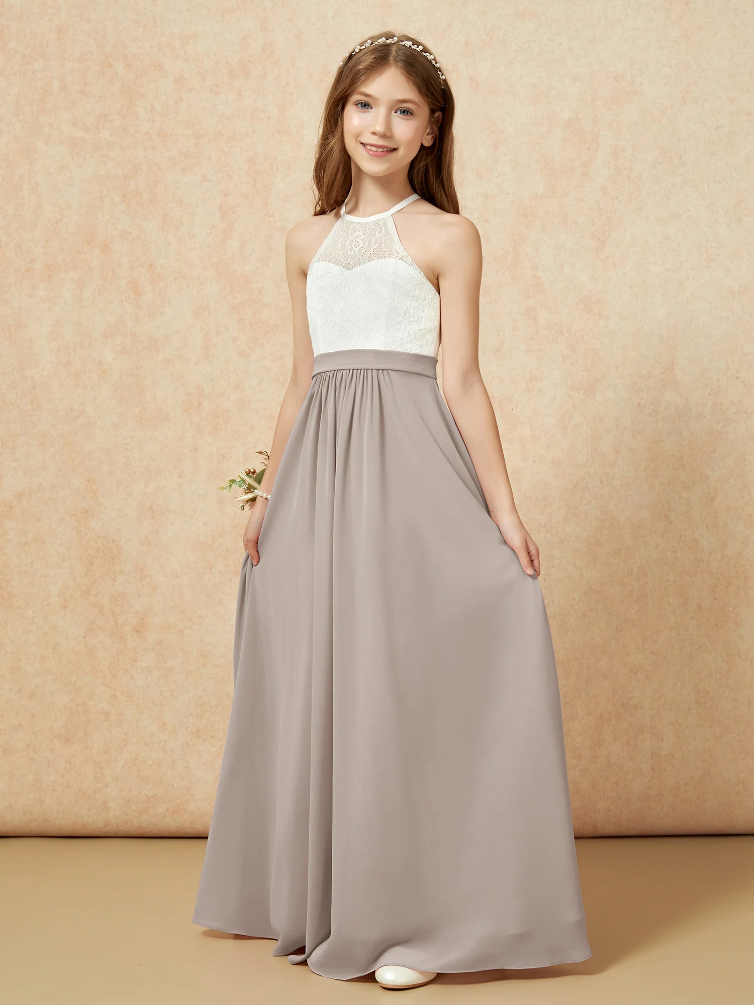 Halter Lace Top Sleeveless Junior Bridesmaid Dress Taupe - Image 3