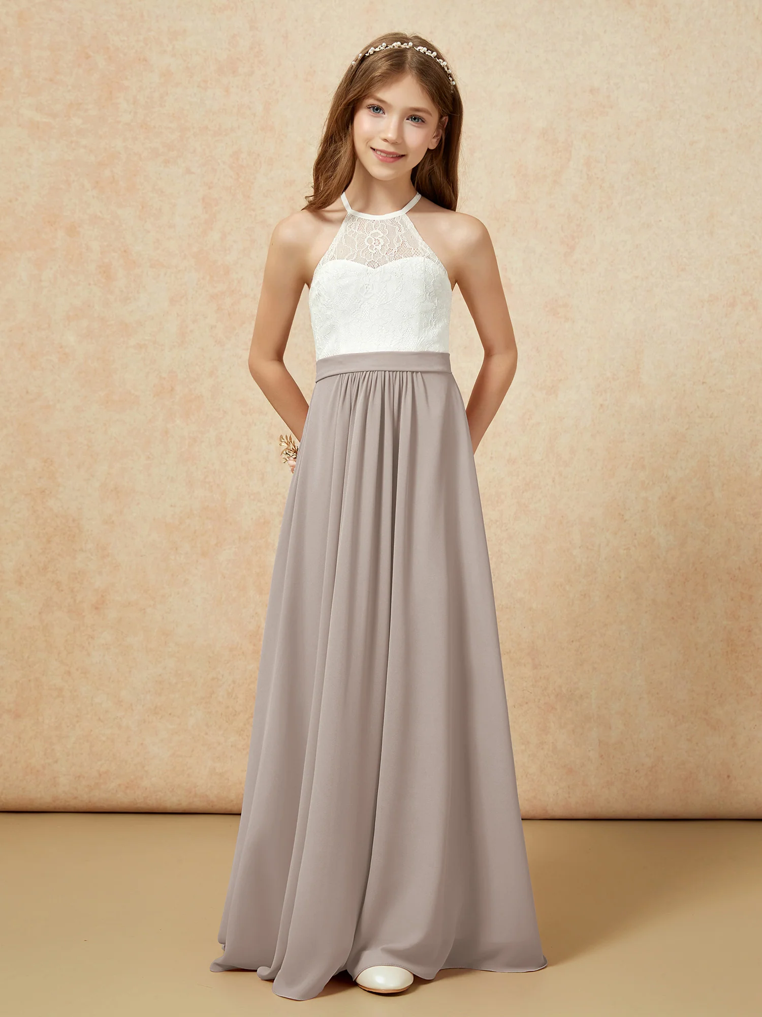 Halter Lace Top Sleeveless Junior Bridesmaid Dress Taupe - Image 4