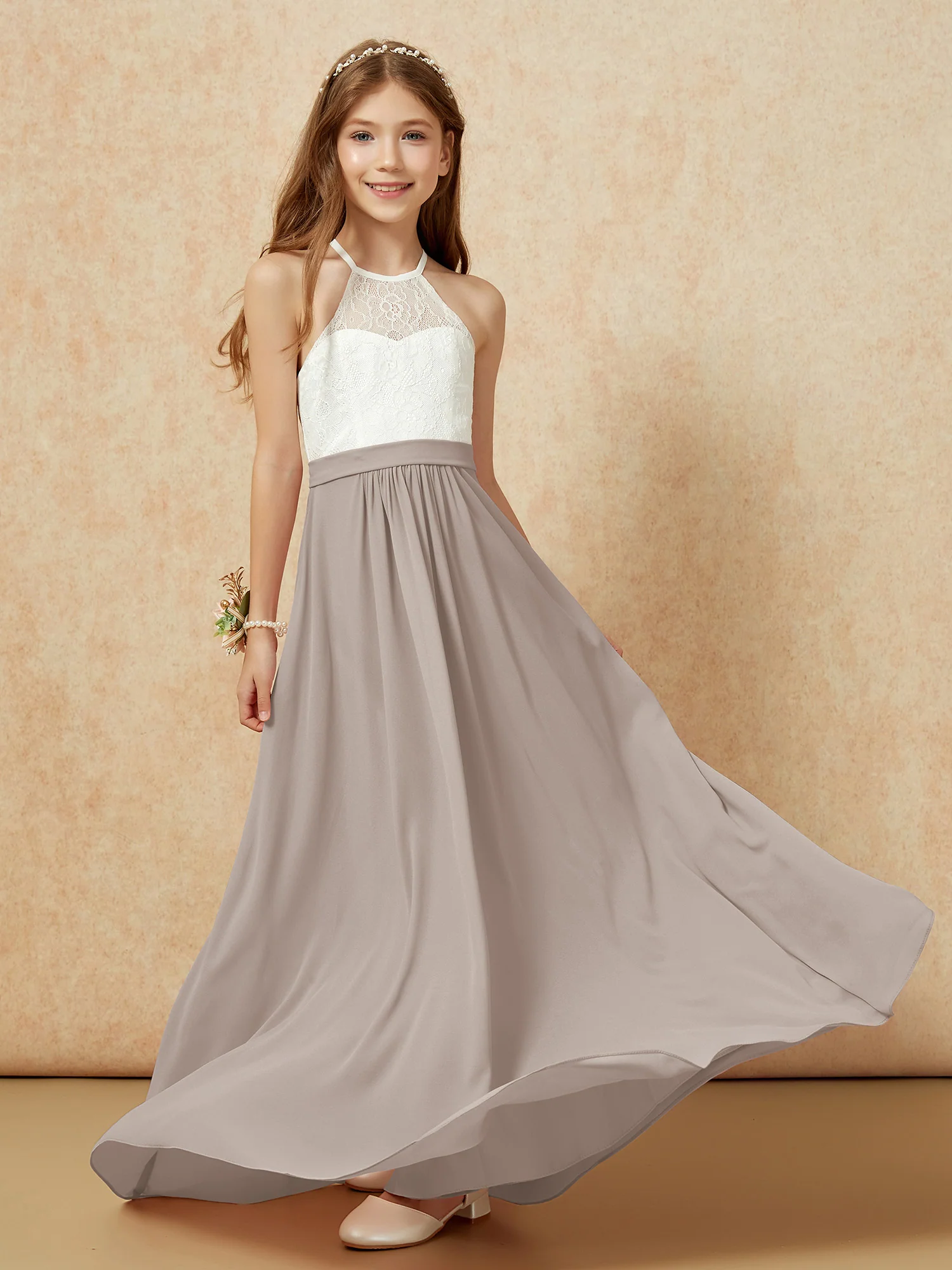 Halter Lace Top Sleeveless Junior Bridesmaid Dress Taupe - Image 5