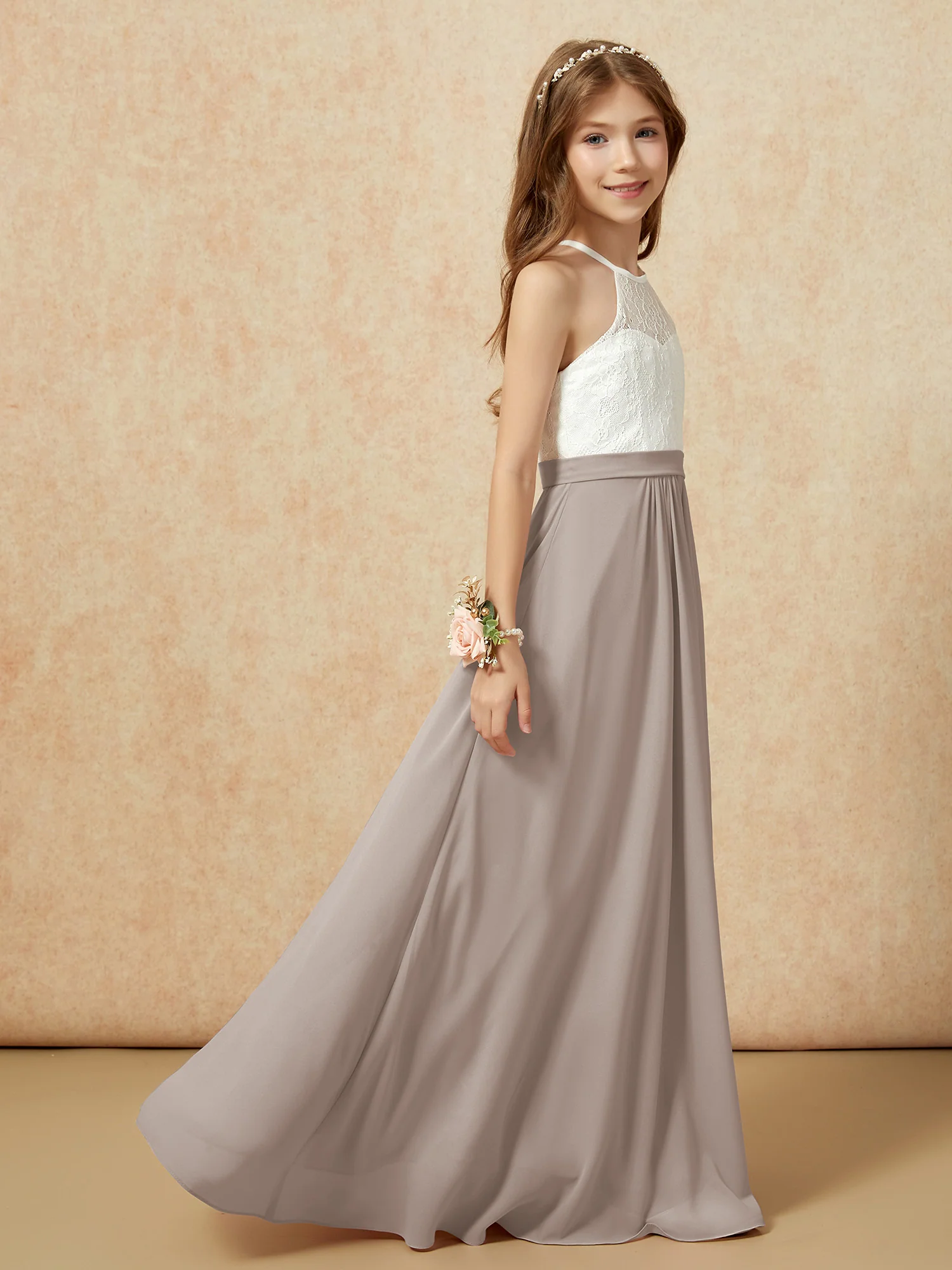Halter Lace Top Sleeveless Junior Bridesmaid Dress Taupe - Image 6