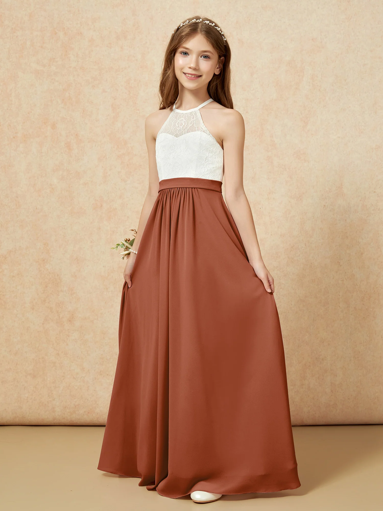 Halter Lace Top Sleeveless Junior Bridesmaid Dress Terracotta - Image 3