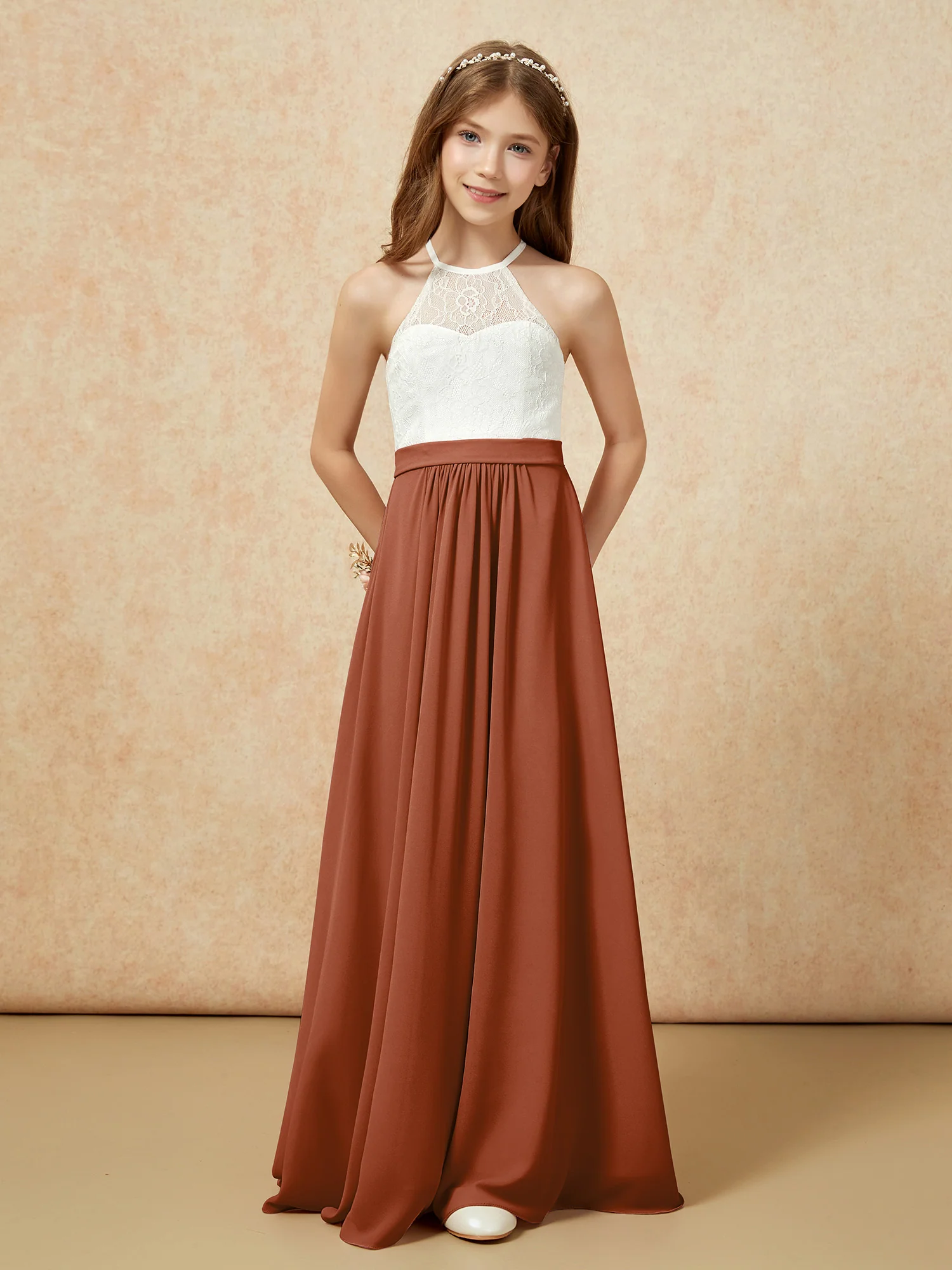 Halter Lace Top Sleeveless Junior Bridesmaid Dress Terracotta - Image 4