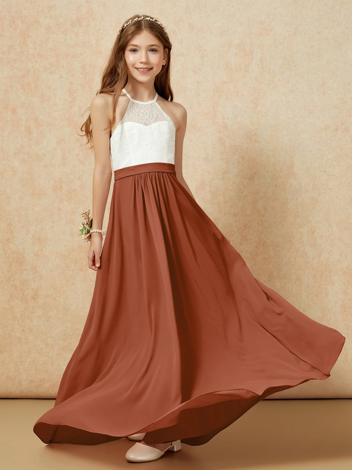 Halter Lace Top Sleeveless Junior Bridesmaid Dress Terracotta - Image 5