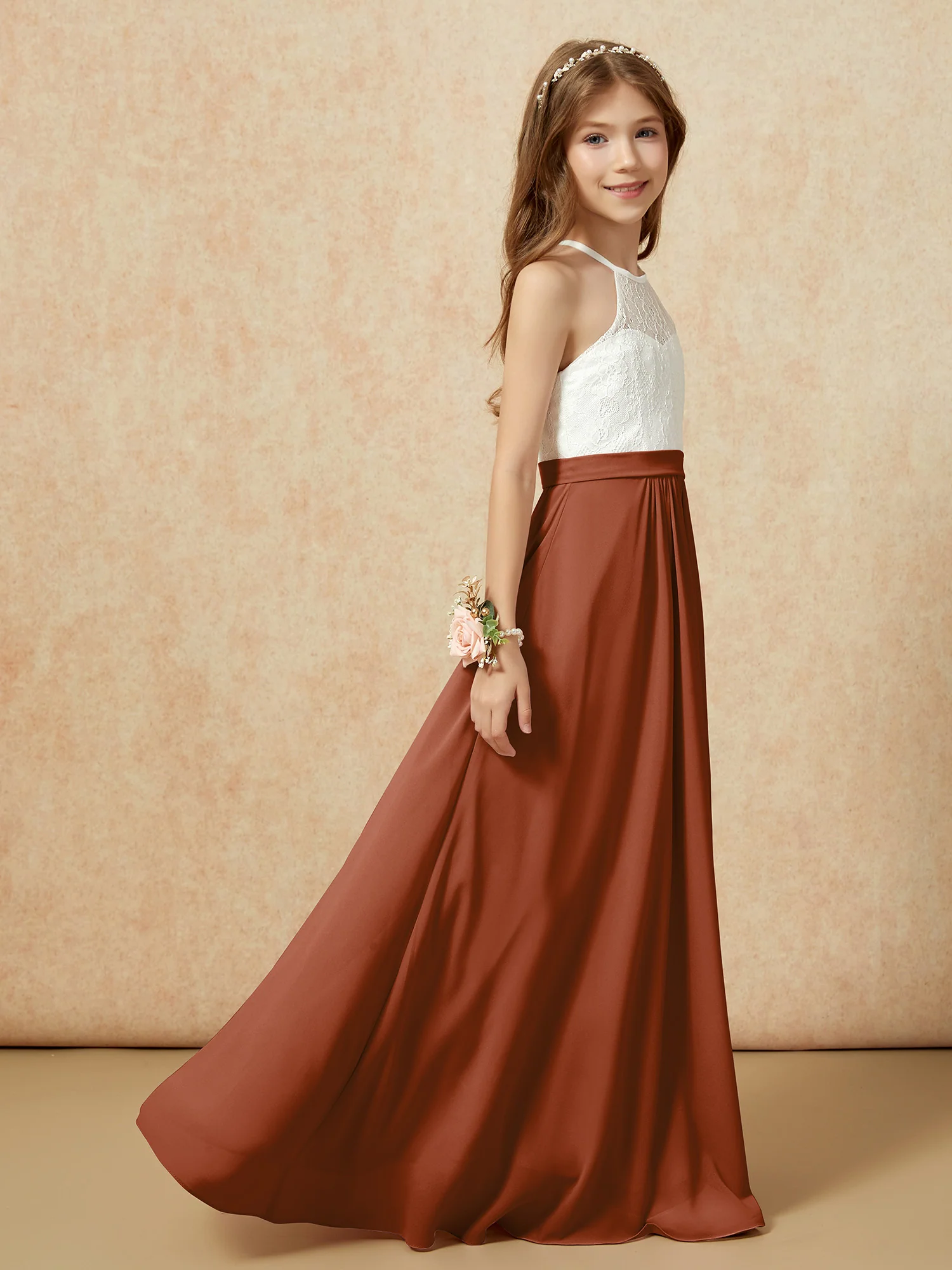 Halter Lace Top Sleeveless Junior Bridesmaid Dress Terracotta - Image 6