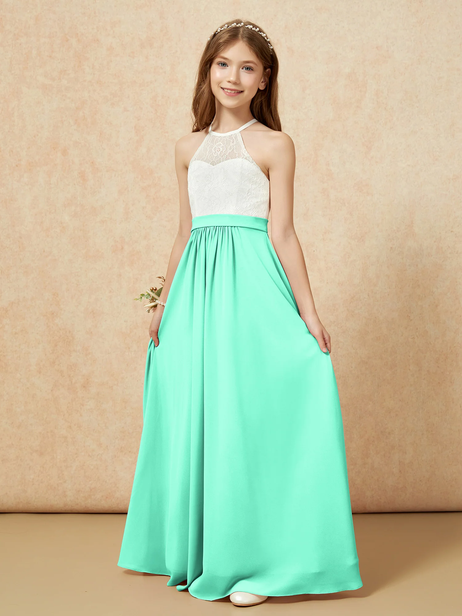Halter Lace Top Sleeveless Junior Bridesmaid Dress Turquoise - Image 3