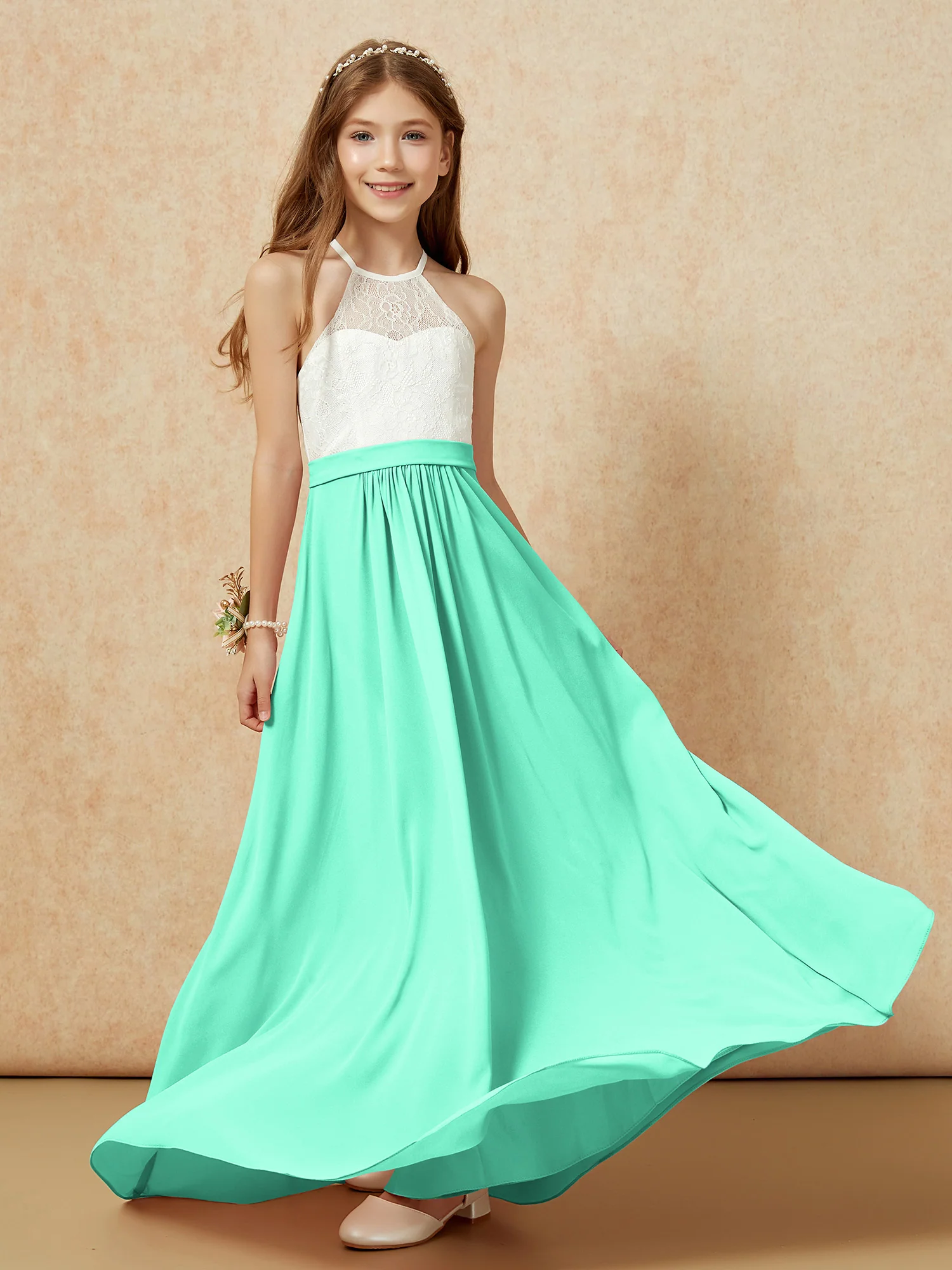 Halter Lace Top Sleeveless Junior Bridesmaid Dress Turquoise - Image 5