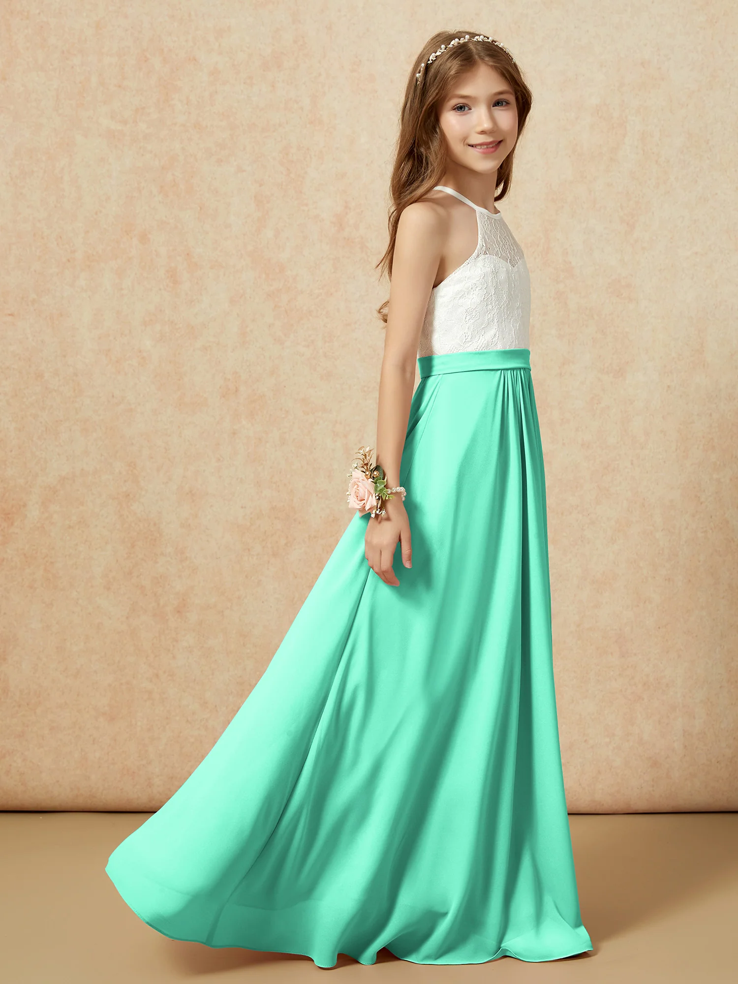 Halter Lace Top Sleeveless Junior Bridesmaid Dress Turquoise - Image 6