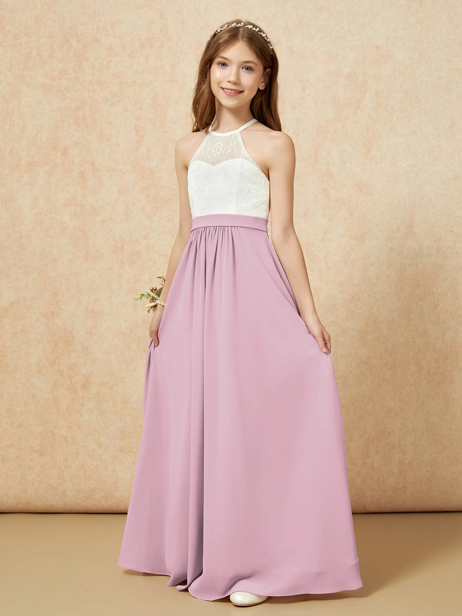 Halter Lace Top Sleeveless Junior Bridesmaid Dress Vintage Mauve - Image 3