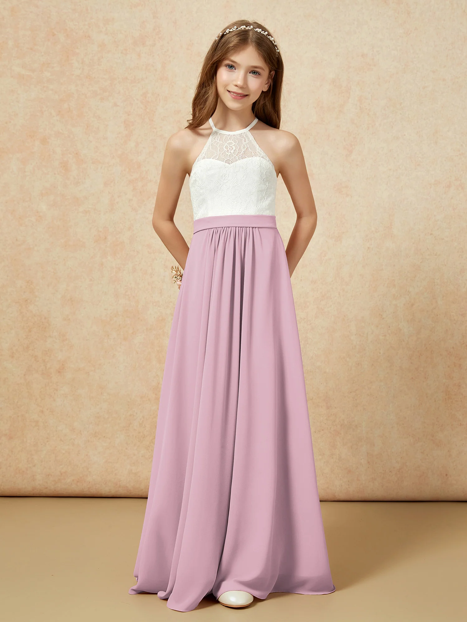 Halter Lace Top Sleeveless Junior Bridesmaid Dress Vintage Mauve - Image 4