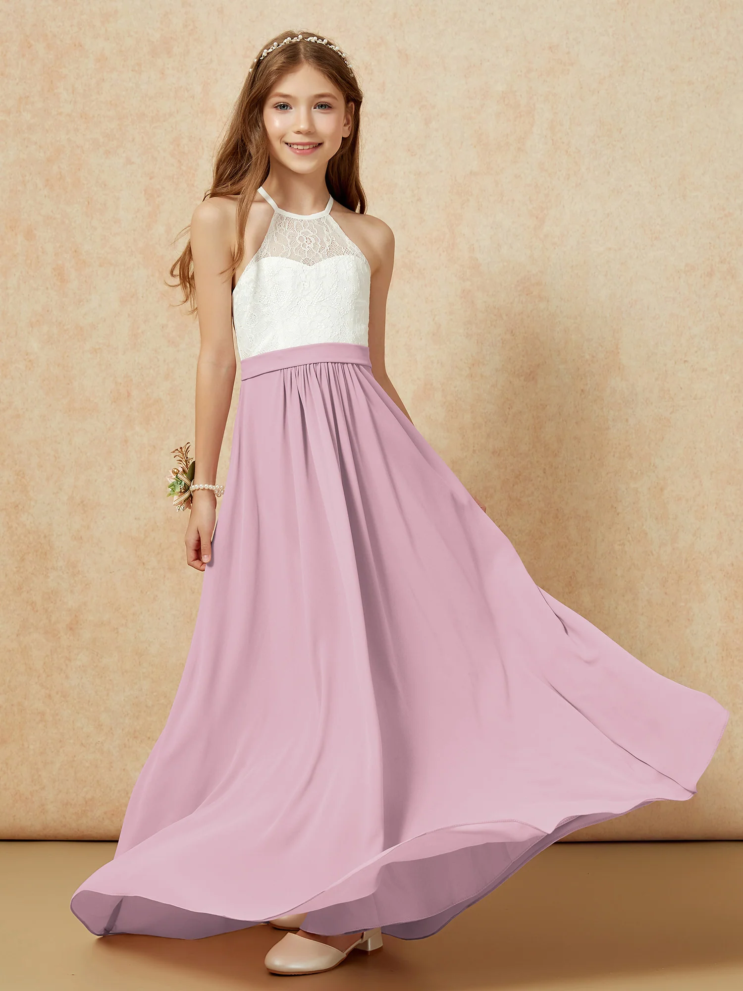 Halter Lace Top Sleeveless Junior Bridesmaid Dress Vintage Mauve - Image 5