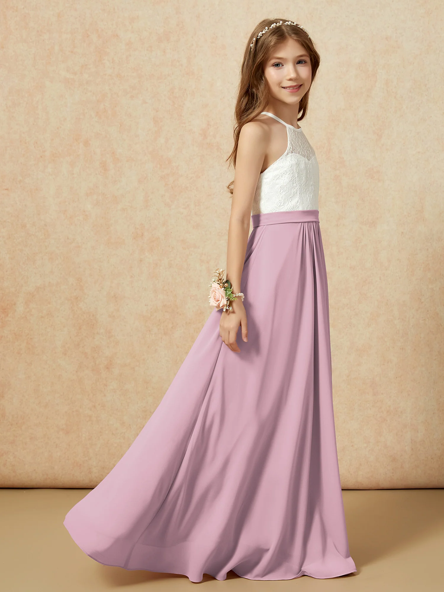 Halter Lace Top Sleeveless Junior Bridesmaid Dress Vintage Mauve - Image 6