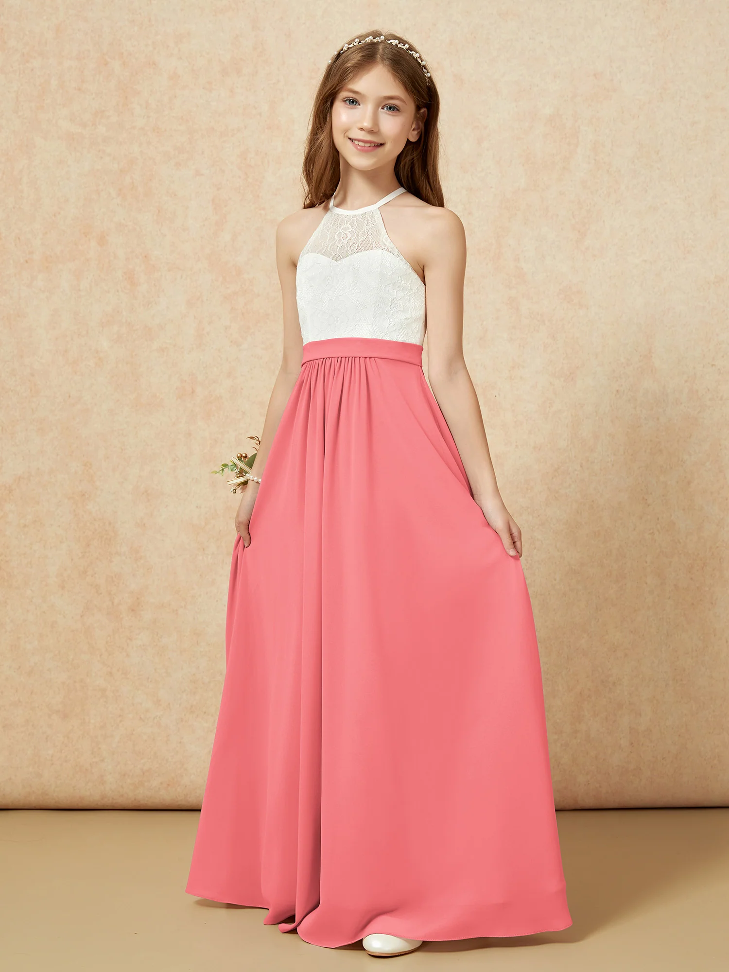 Halter Lace Top Sleeveless Junior Bridesmaid Dress Watermelon - Image 3