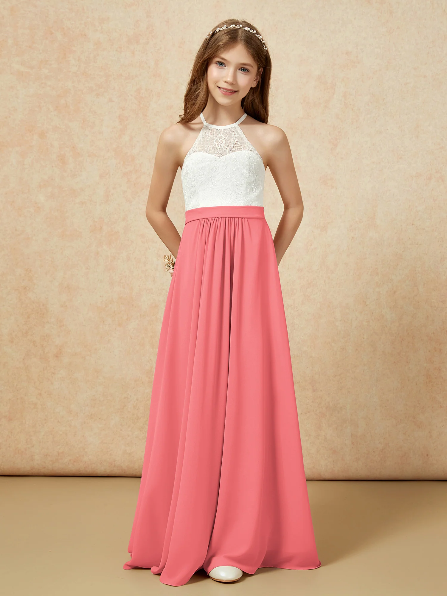 Halter Lace Top Sleeveless Junior Bridesmaid Dress Watermelon - Image 4