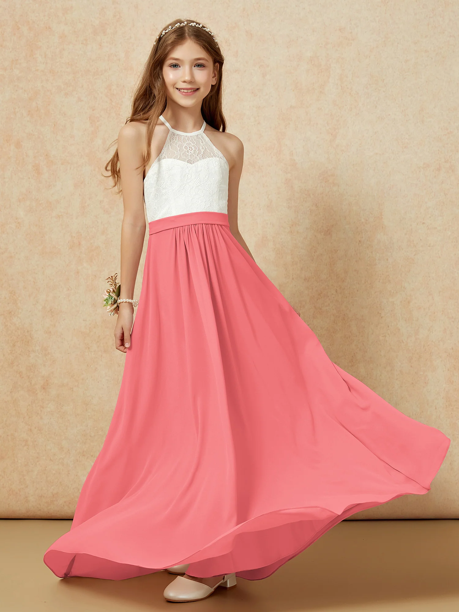 Halter Lace Top Sleeveless Junior Bridesmaid Dress Watermelon - Image 5