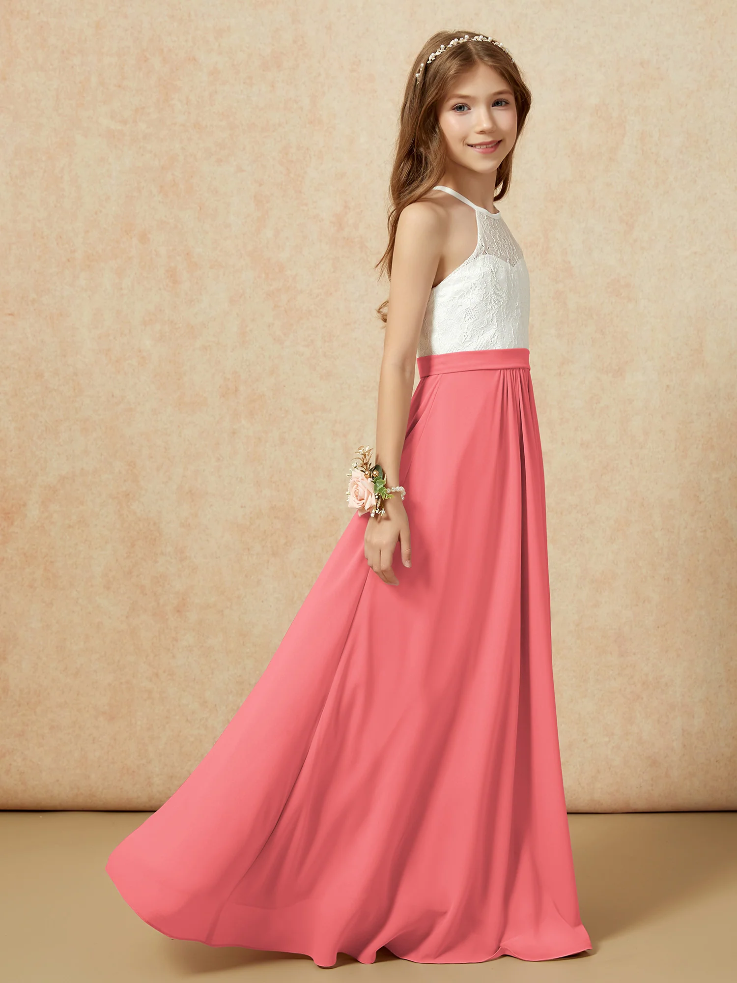 Halter Lace Top Sleeveless Junior Bridesmaid Dress Watermelon - Image 6