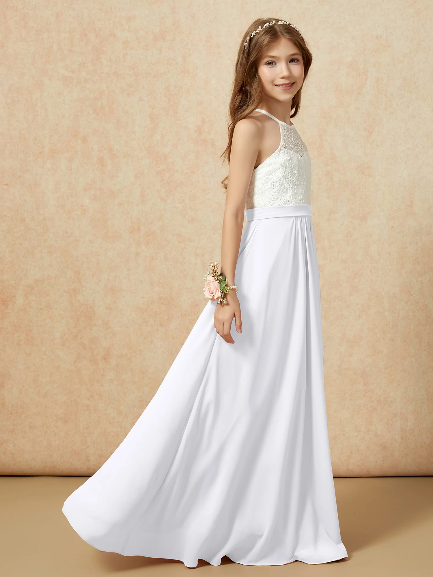 Halter Lace Top Sleeveless Junior Bridesmaid Dress White - Image 6