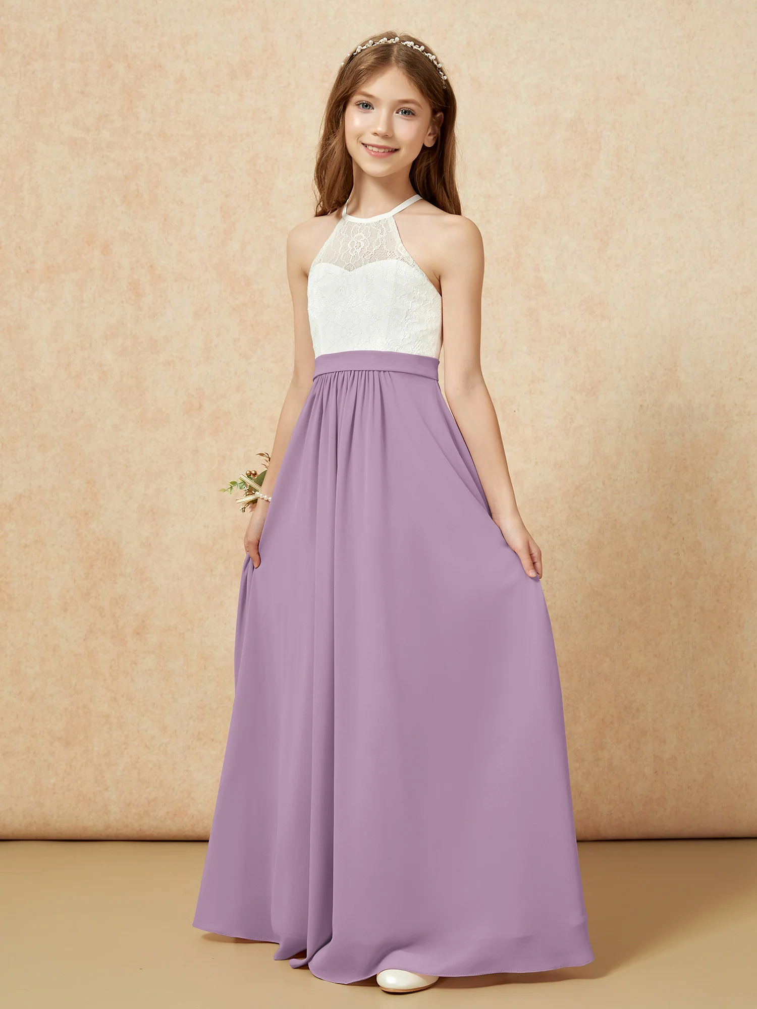 Halter Lace Top Sleeveless Junior Bridesmaid Dress Wisteria - Image 3