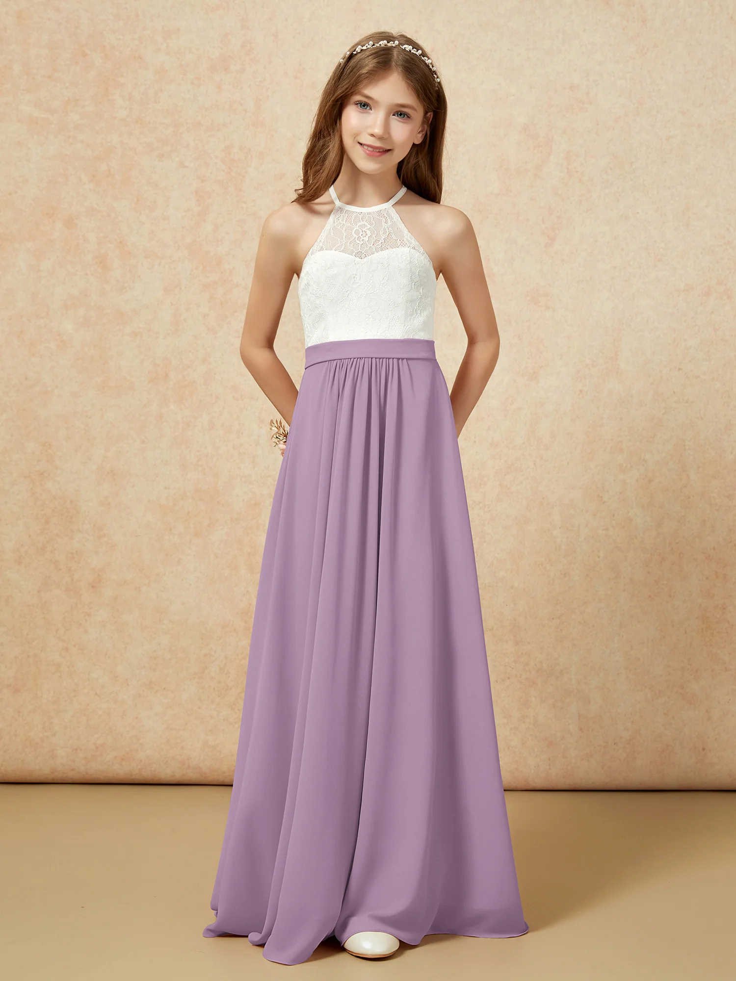 Halter Lace Top Sleeveless Junior Bridesmaid Dress Wisteria - Image 4