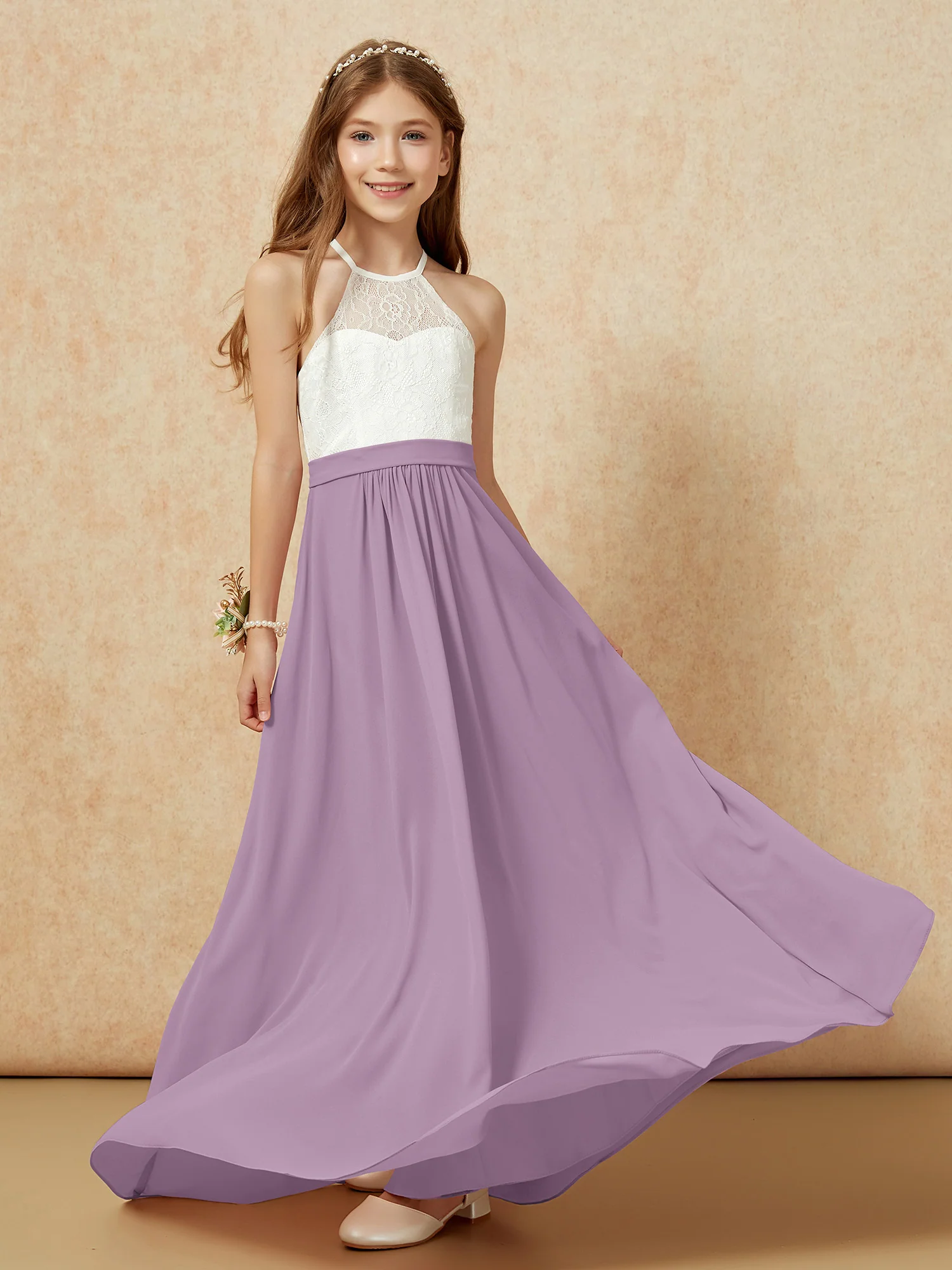 Halter Lace Top Sleeveless Junior Bridesmaid Dress Wisteria - Image 5
