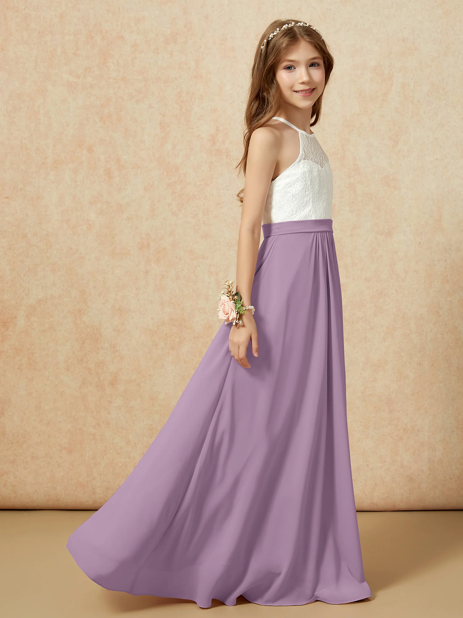 Halter Lace Top Sleeveless Junior Bridesmaid Dress Wisteria - Image 6