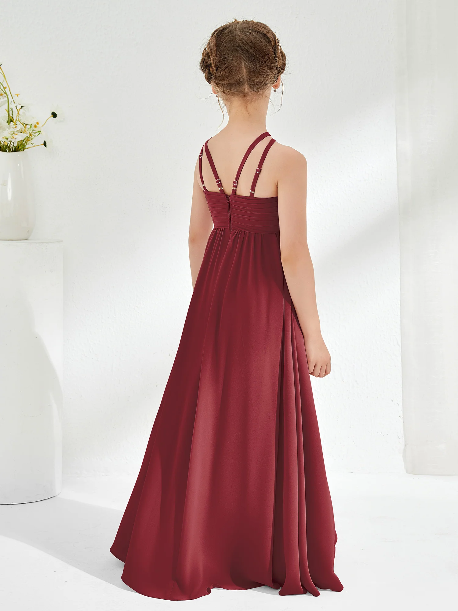 Halter Long Junior Bridesmaid Dress With Double Straps Cinnamon Rose - Image 2