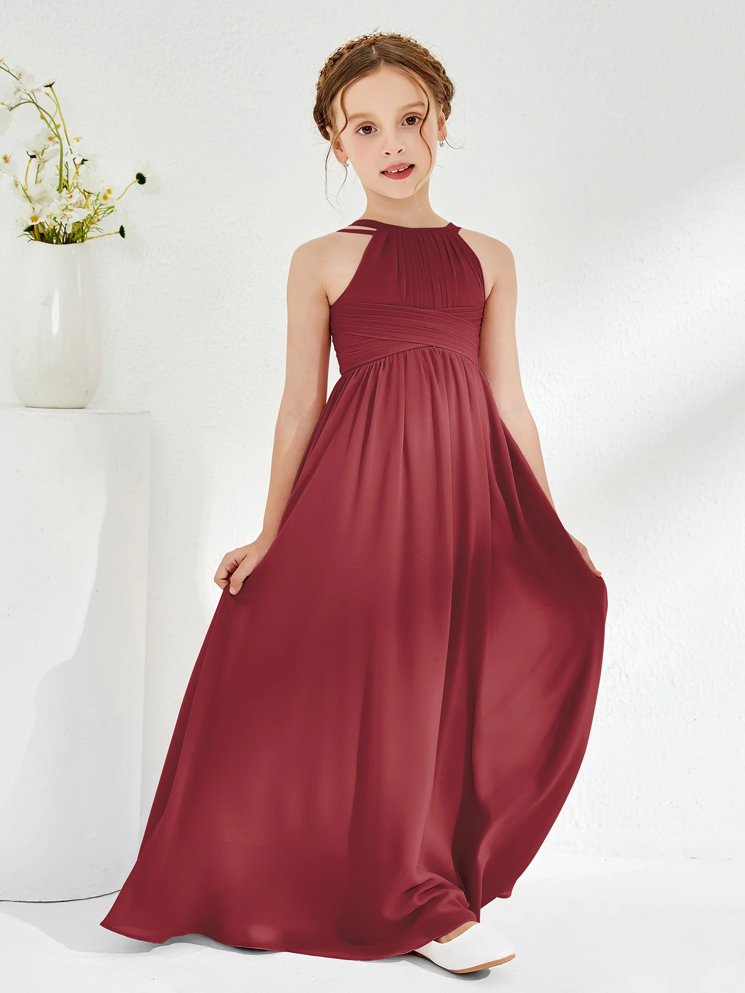 Halter Long Junior Bridesmaid Dress With Double Straps Cinnamon Rose - Image 3