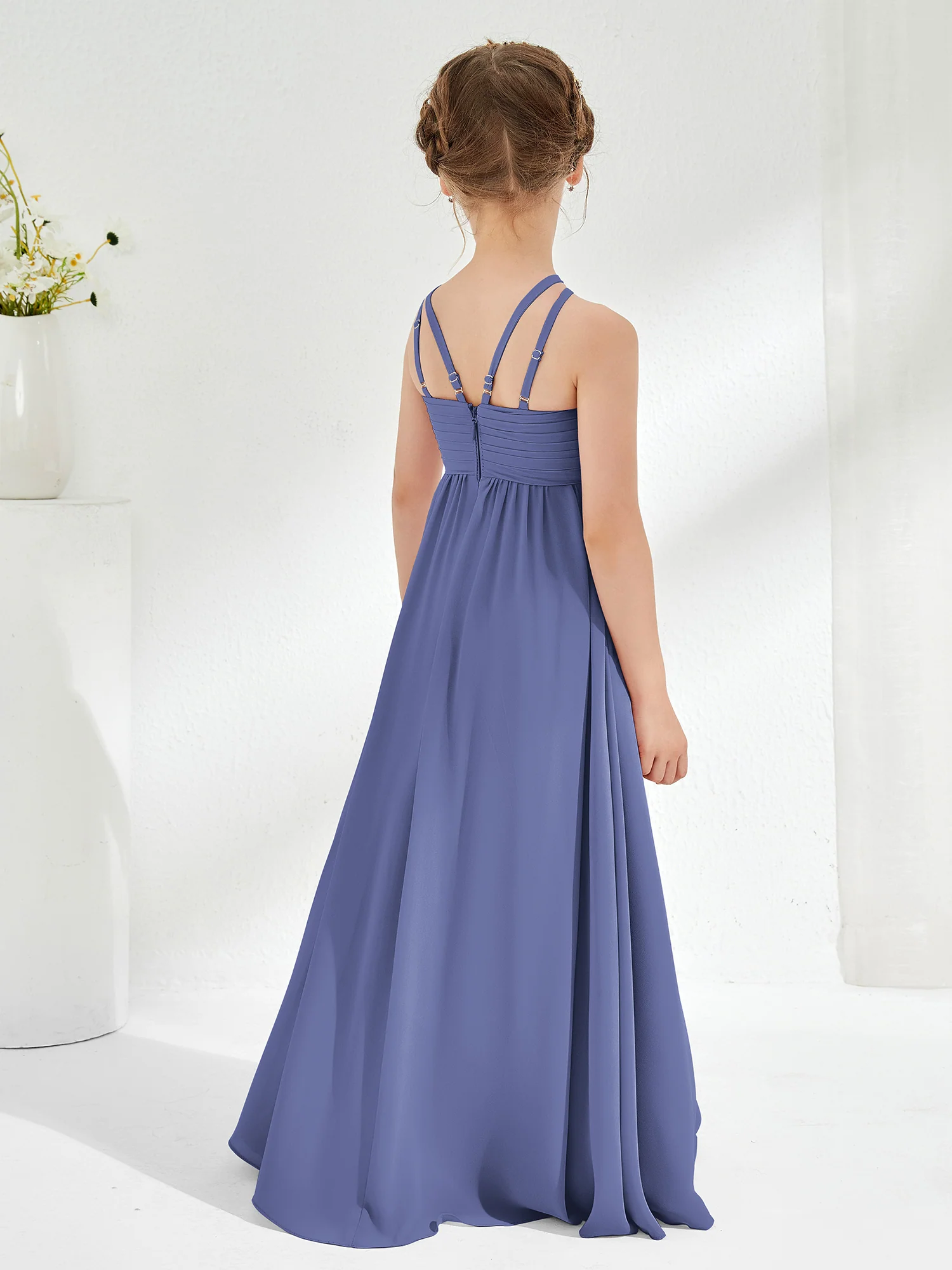 Halter Long Junior Bridesmaid Dress With Double Straps Periwinkle - Image 2