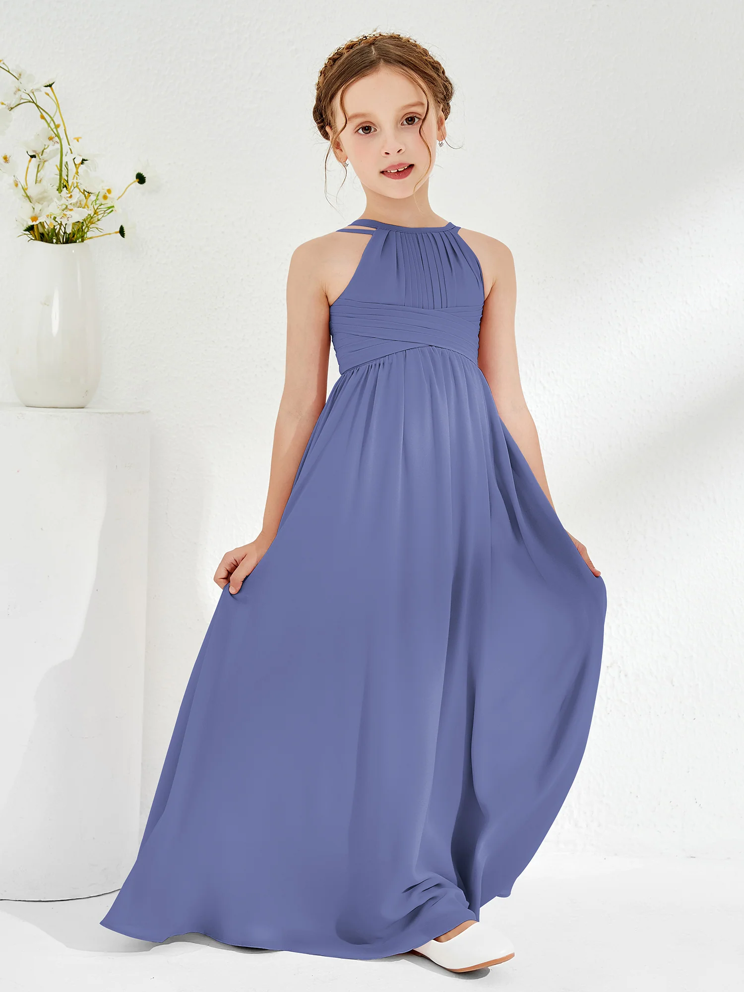 Halter Long Junior Bridesmaid Dress With Double Straps Periwinkle - Image 3