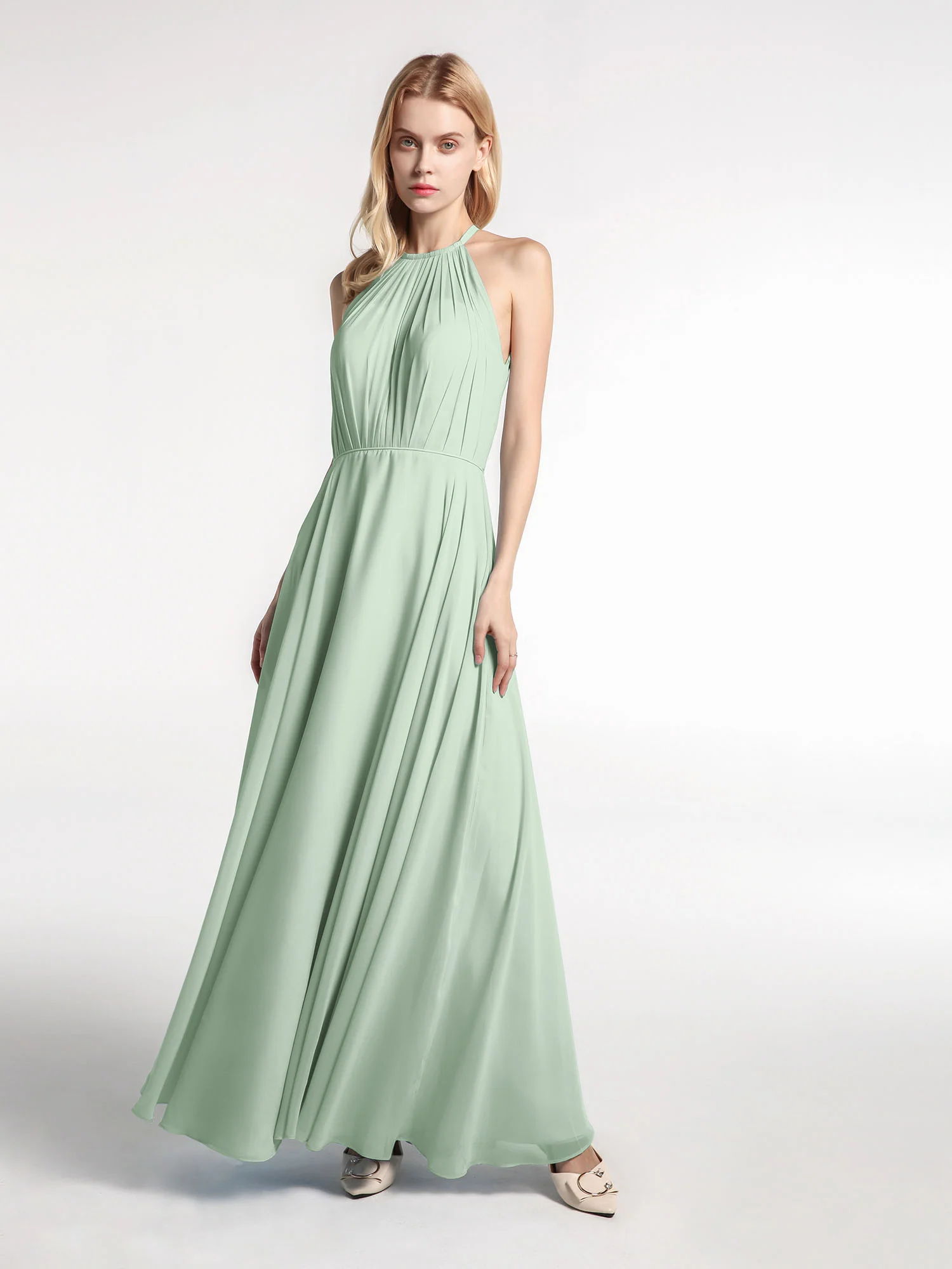 Halter Neck Chiffon Maxi Dress with Circle Skirt-Agave
