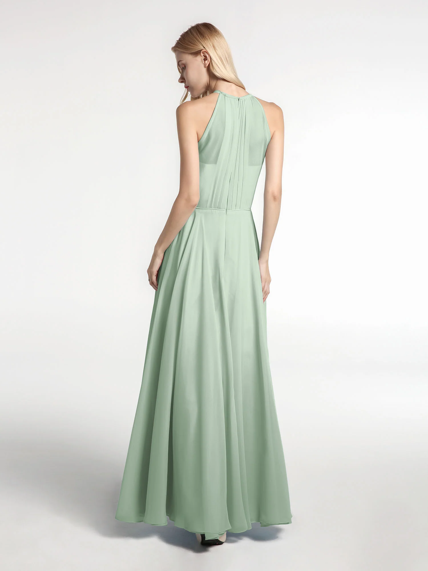 Halter Neck Chiffon Maxi Dress with Circle Skirt-Agave - Image 2