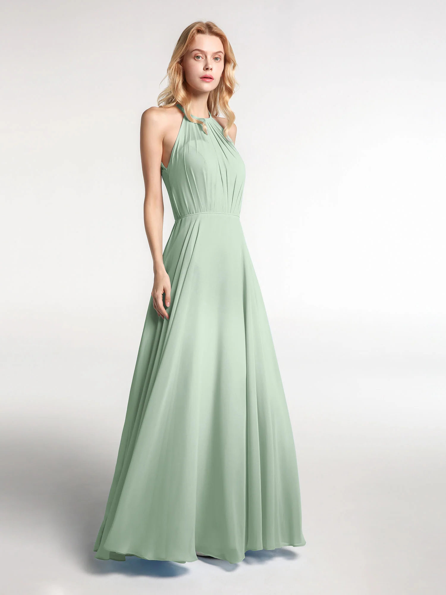 Halter Neck Chiffon Maxi Dress with Circle Skirt-Agave - Image 3